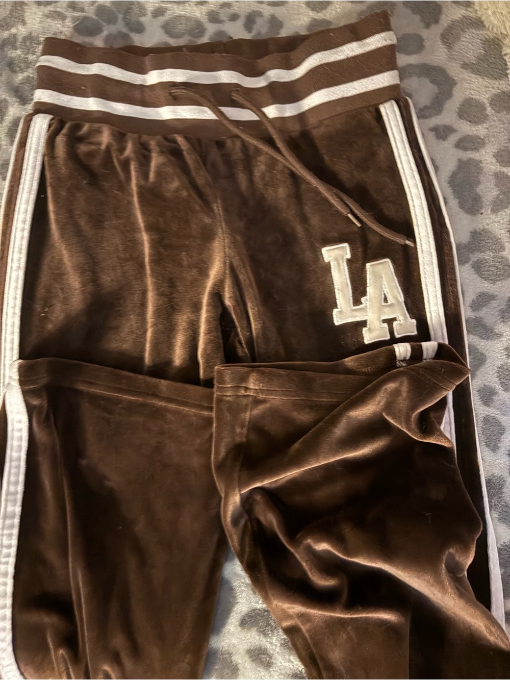 Brown Velour Track Pants with White LA Patch